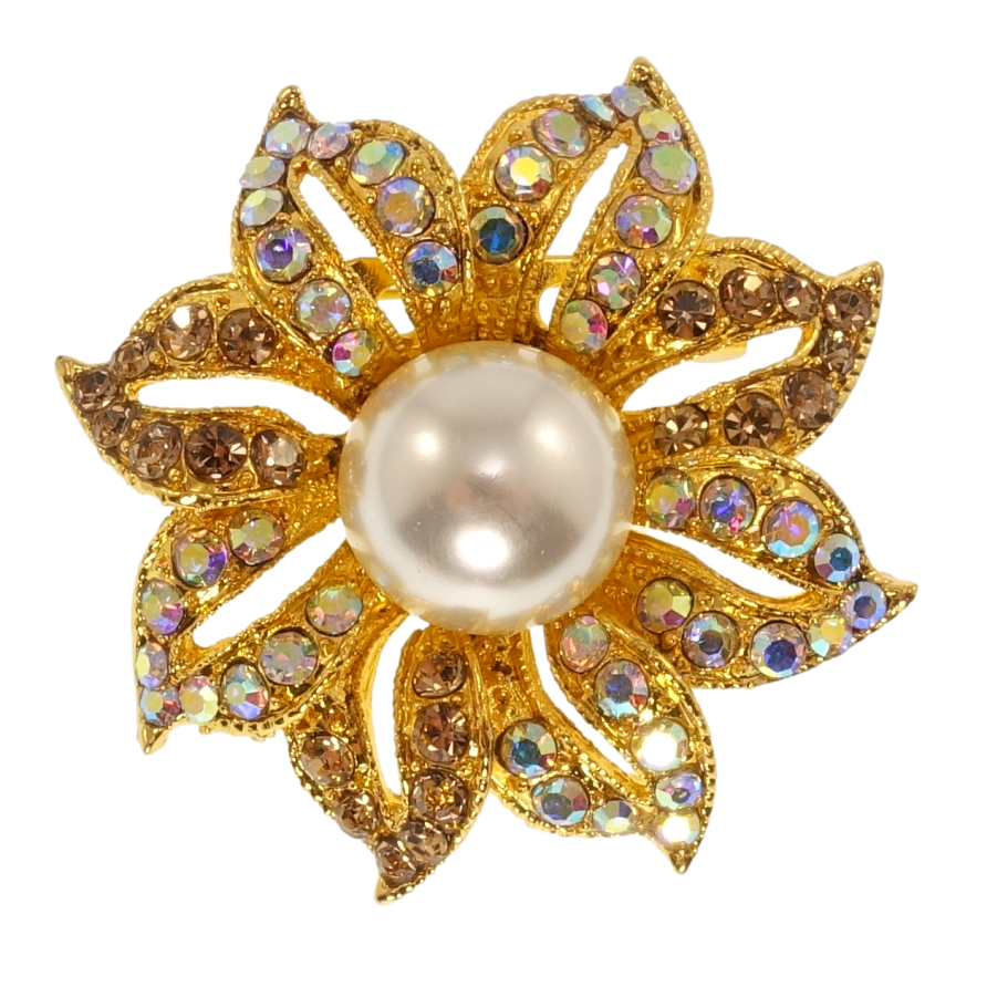 Брошка Квітка з різнокольоровими стразами та перлами фото №1