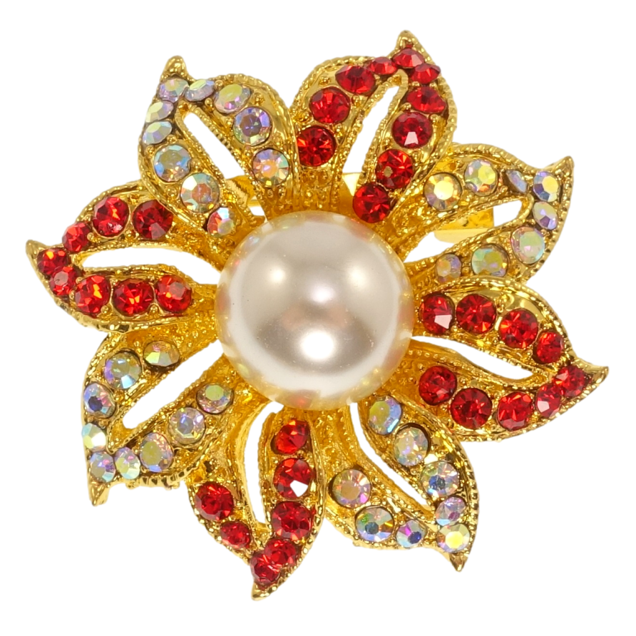 Брошка Квітка з червоними стразами та перлами фото №1