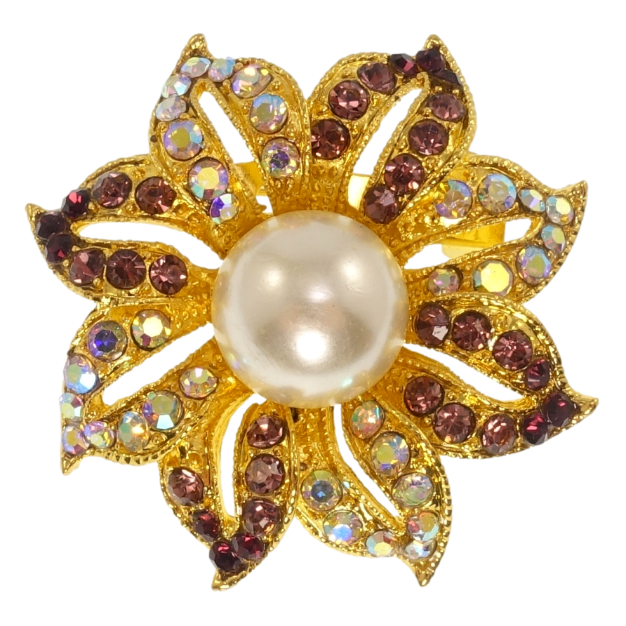 Брошка Квітка з бордовими стразами та перлами фото №1 Брошка Квітка з бордовими стразами та перлами фото №1