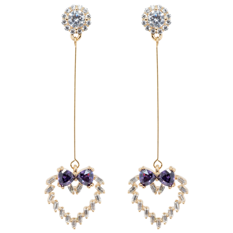 Сережки Xuping Позолота 18K пусети Кристальні серця з бантами з бузкових фіанітів фото №1 Сережки Xuping Позолота 18K пусети Кристальні серця з бантами з бузкових фіанітів фото №1