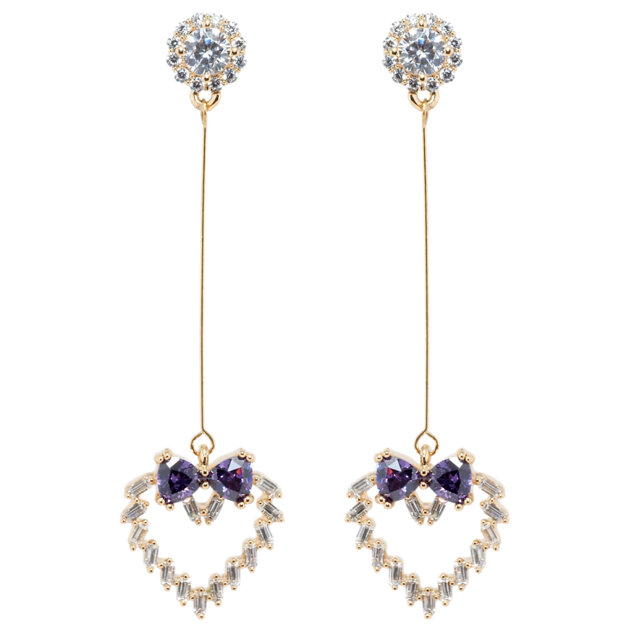 Сережки Xuping Позолота 18K пусети Кристальні серця з бантами з бузкових фіанітів фото №1 Сережки Xuping Позолота 18K пусети Кристальні серця з бантами з бузкових фіанітів фото №1