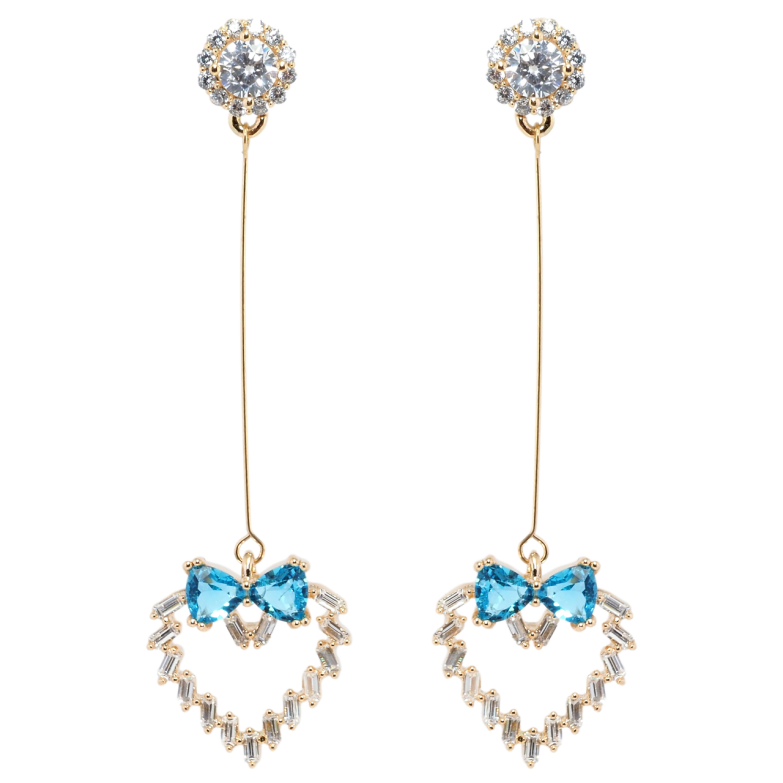 Сережки Xuping Позолота 18K пусети Кристальні серця з бантами з блакитних фіанітів фото №1