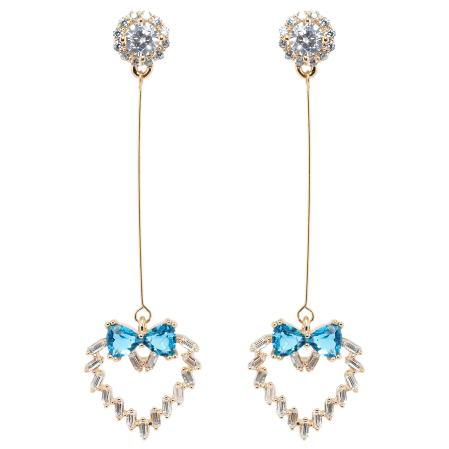 Сережки Xuping Позолота 18K пусети Кристальні серця з бантами з блакитних фіанітів фото №1