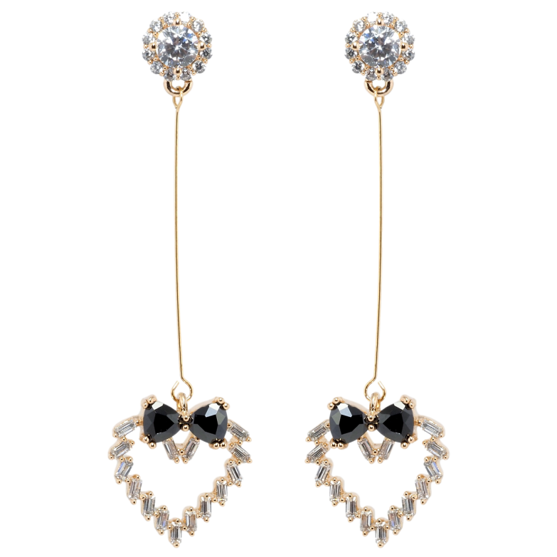 Сережки Xuping Позолота 18K пусети Кристальні серця з бантами з чорних фіанітів фото №1