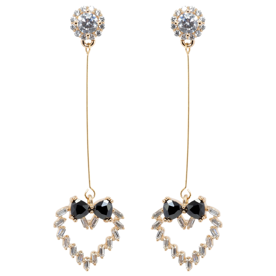 Серьги Xuping Позолота 18K пусеты Кристальные сердечки с бантами из черных фианитов фото №1