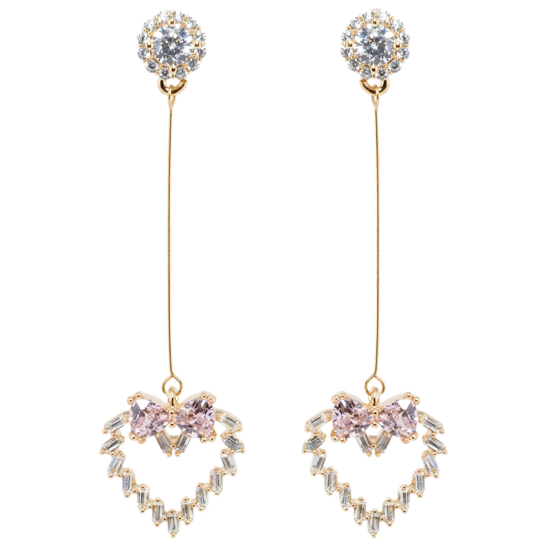 Сережки Xuping Позолота 18K пусети Кристальні серця з бантами з рожевих фіанітів фото №1