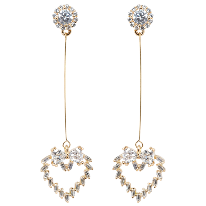 Серьги Xuping Позолота 18K пусеты Кристальные сердечки с бантами из фианитов фото №1