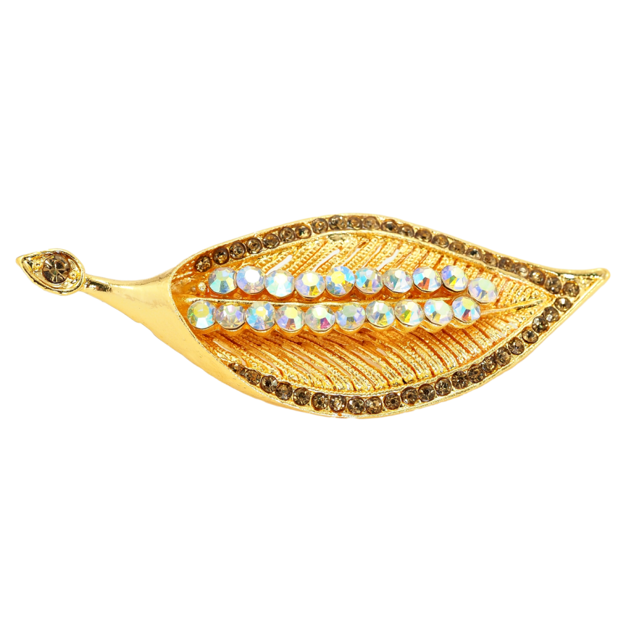 Брошь Листик с коричневыми стразами фото №1