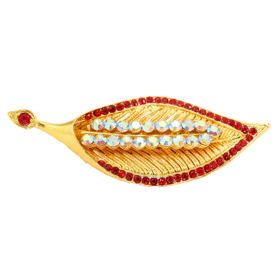 Брошка Листик з червоними стразами фото №1