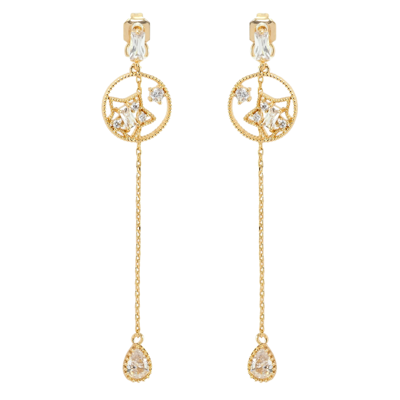 Серьги Xuping Позолота 18K пусеты Капельки кристальные на цепочках с звездами фото №1 Серьги Xuping Позолота 18K пусеты Капельки кристальные на цепочках с звездами фото №1