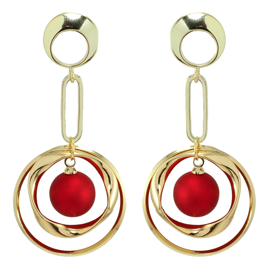 Сережки Xuping Позолота 14K пусети колечки з червоними кульками фото №1 Сережки Xuping Позолота 14K пусети колечки з червоними кульками фото №1