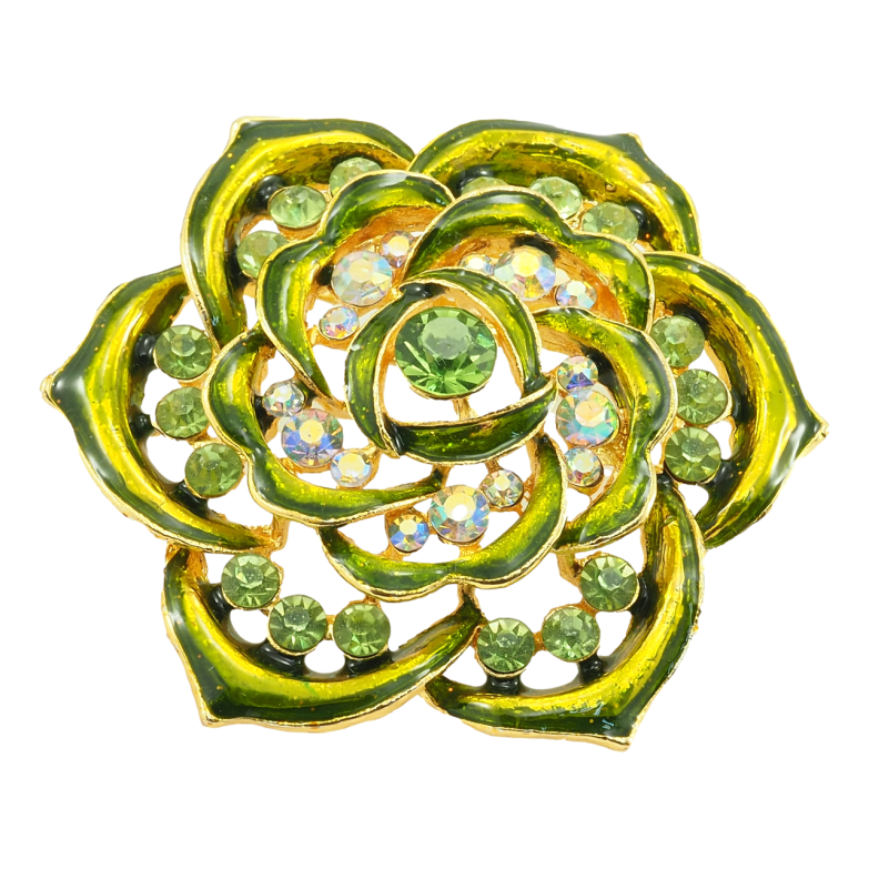 Брошь Цветок с прокраской зеленой эмалью и стразами фото №1