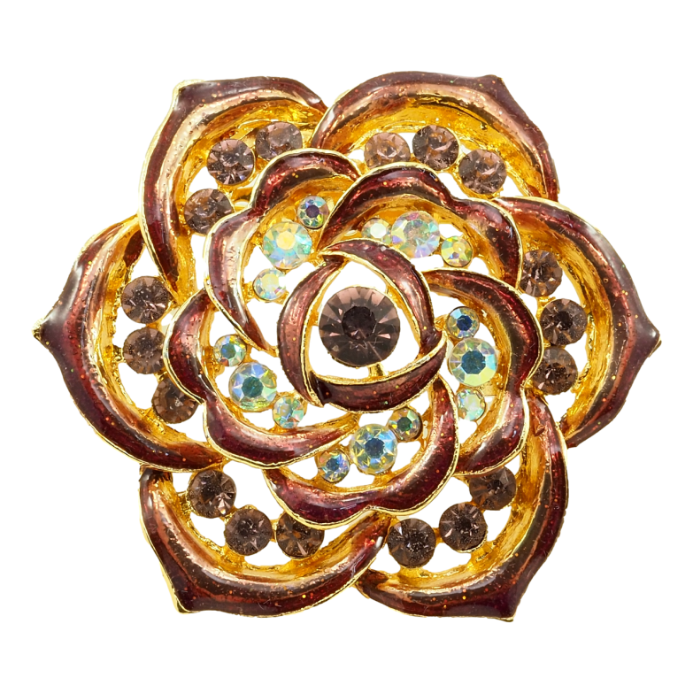 Брошка Квітка з профарбуванням бордовою емаллю та стразами фото №1