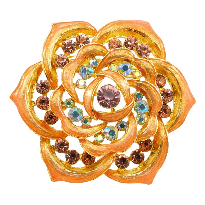 Брошь Цветок с прокраской персиковой эмалью и стразами фото №1