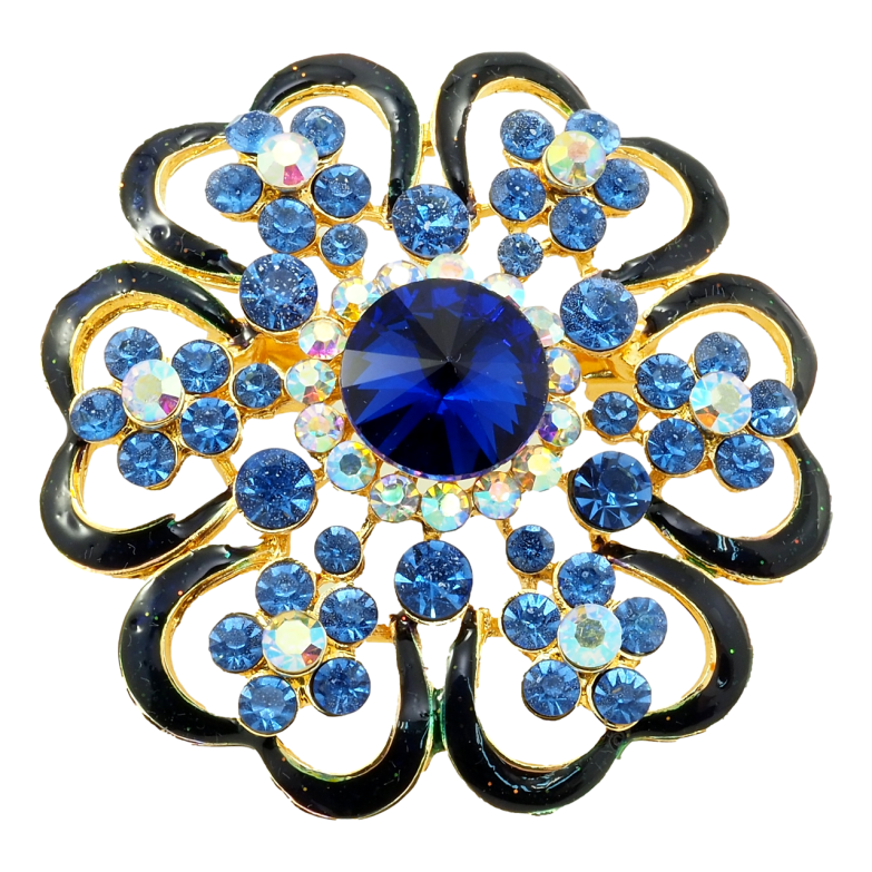 Брошка Квітка з профарбуванням чорною емаллю та синіми стразами фото №1 Брошка Квітка з профарбуванням чорною емаллю та синіми стразами фото №1