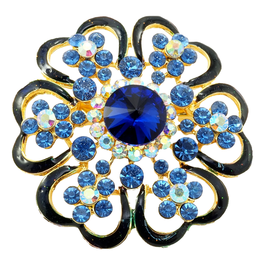Брошка Квітка з профарбуванням чорною емаллю та синіми стразами фото №1 Брошка Квітка з профарбуванням чорною емаллю та синіми стразами фото №1