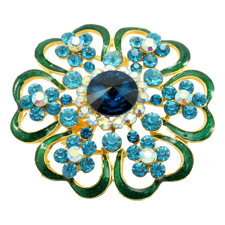 Брошка Квітка з профарбуванням зеленою емаллю та блакитними стразами фото №1 Брошка Квітка з профарбуванням зеленою емаллю та блакитними стразами фото №1