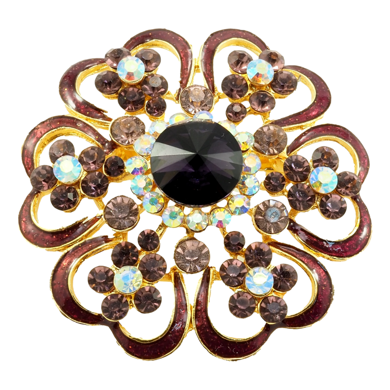 Брошка Квітка з профарбуванням бордовою емаллю та стразами фото №1