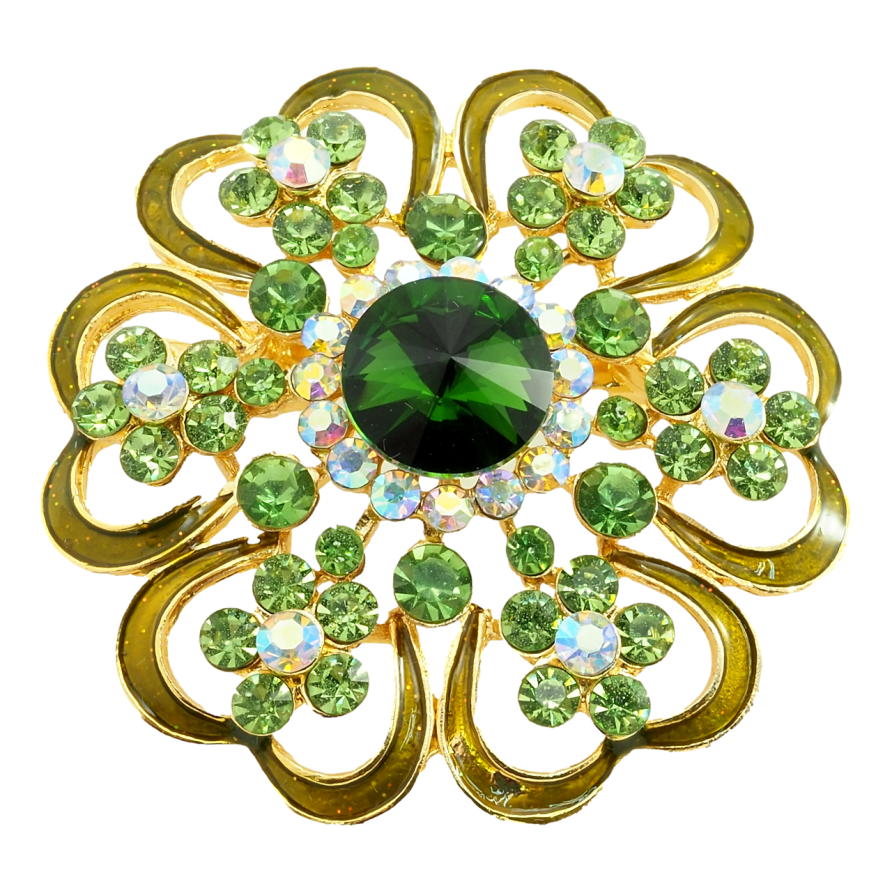 Брошка Квітка з профарбуванням салатовою емаллю та стразами фото №1 Брошка Квітка з профарбуванням салатовою емаллю та стразами фото №1