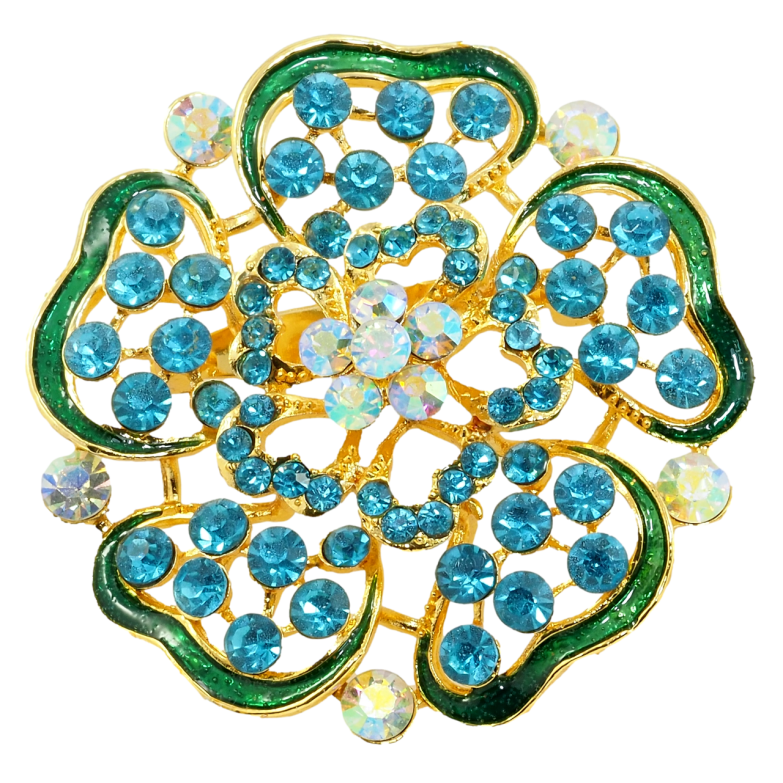 Брошка Квітка з бірюзовими стразами та зеленою емаллю фото №1 Брошка Квітка з бірюзовими стразами та зеленою емаллю фото №1