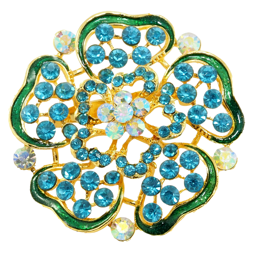 Брошка Квітка з бірюзовими стразами та зеленою емаллю фото №1 Брошка Квітка з бірюзовими стразами та зеленою емаллю фото №1
