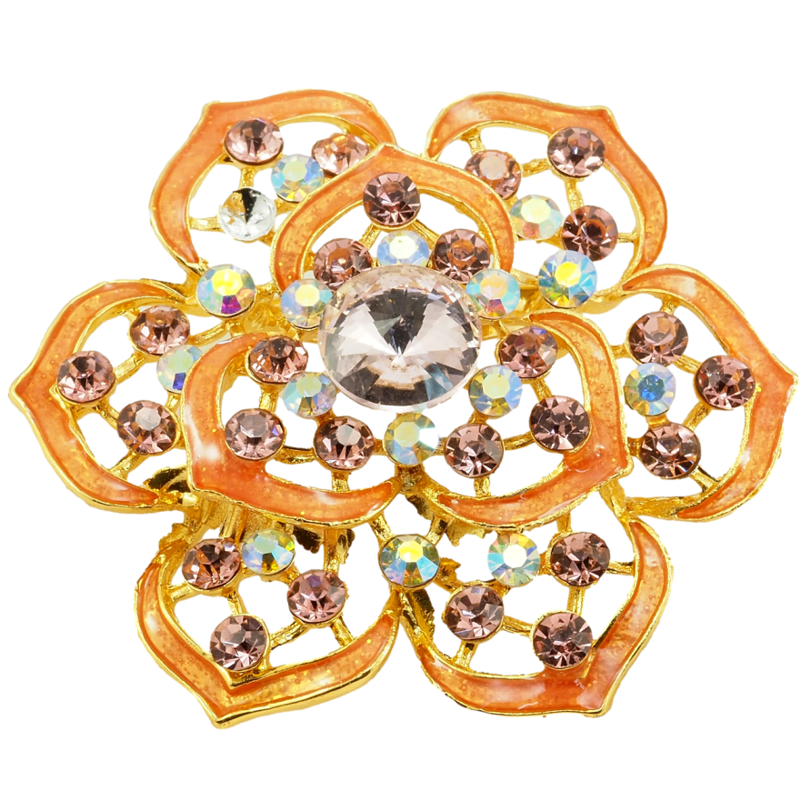 Брошка Квітка з рожевими стразами та помаранчевою емаллю фото №1 Брошка Квітка з рожевими стразами та помаранчевою емаллю фото №1