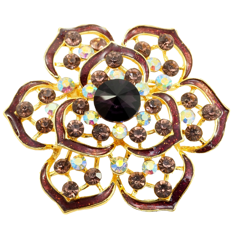 Брошка Квітка з бордовими стразами та емаллю фото №1
