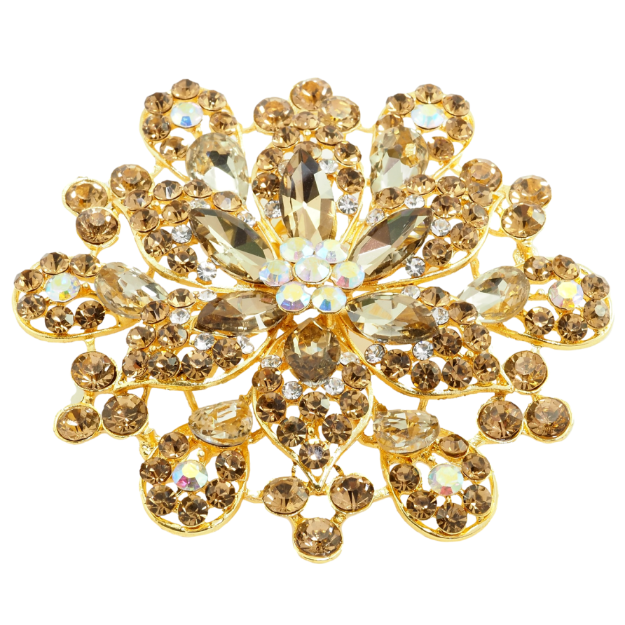 Брошка Велика квітка із золотистими стразами фото №1 Брошка Велика квітка із золотистими стразами фото №1