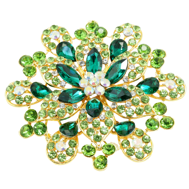 Брошка Велика квітка із зеленими стразами фото №1