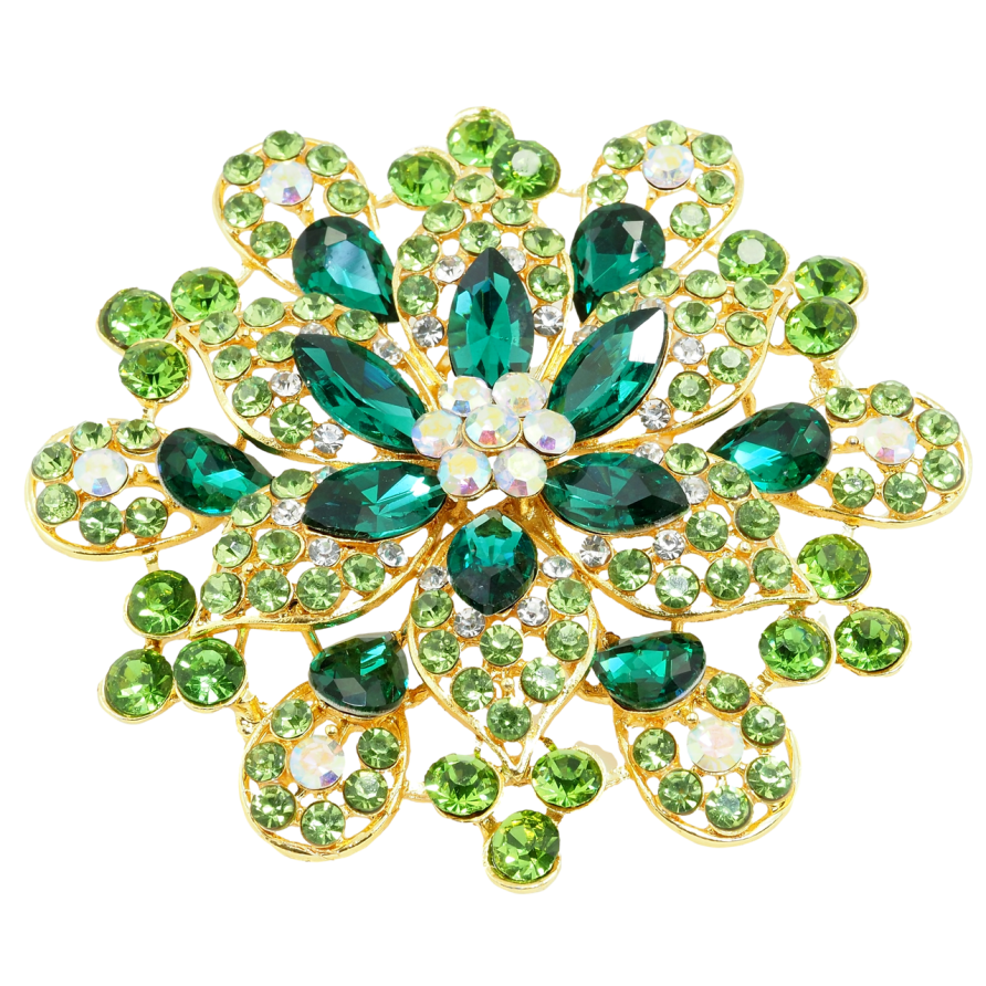 Брошь Большой цветок с зелеными стразами фото №1