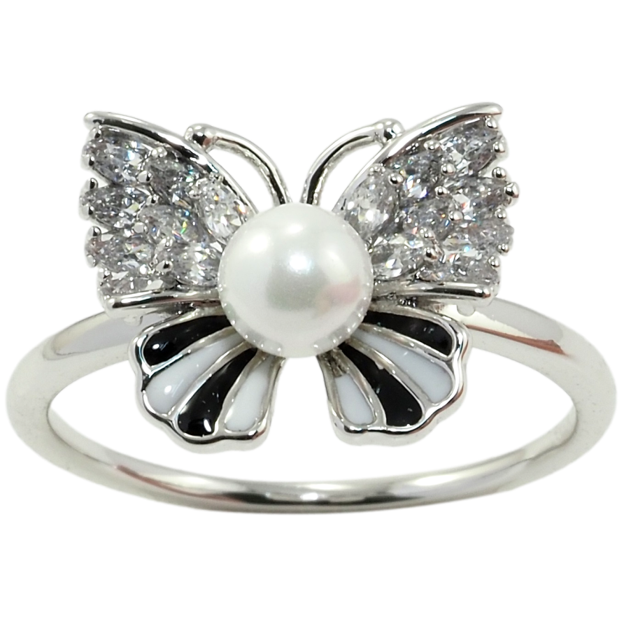 Каблучка Xuping Родій Метелик з перлиною, цирконієм та чорно-білою емаллю фото №1 Каблучка Xuping Родій Метелик з перлиною, цирконієм та чорно-білою емаллю фото №1