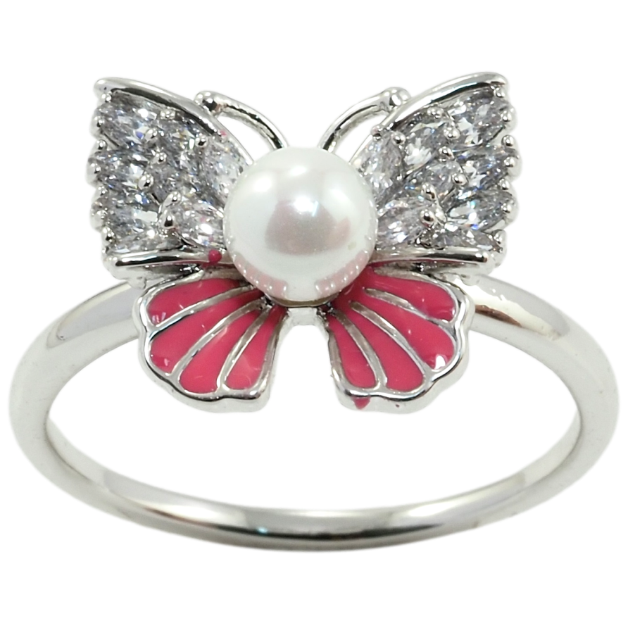 Кольцо Xuping Родий Бабочка с жемчужиной, цирконием и розовой эмалью фото №1
