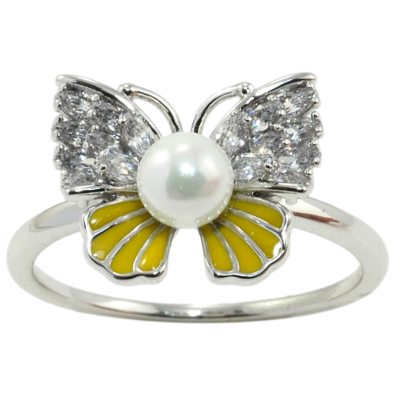 Кольцо Xuping Родий Бабочка с жемчужиной, цирконием и желтой эмалью фото №3