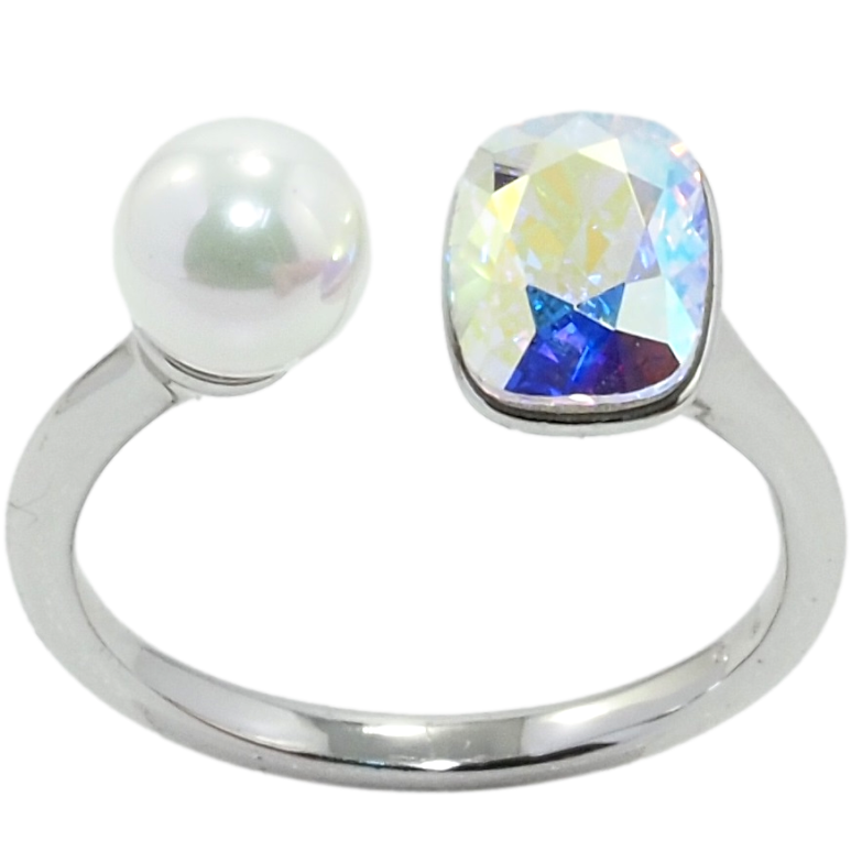 Каблучка Xuping колір Родій з кр-ми Swarovski Кристал АВ з перлами, ø 6мм, 6х8мм фото №1 Каблучка Xuping колір Родій з кр-ми Swarovski Кристал АВ з перлами, ø 6мм, 6х8мм фото №1