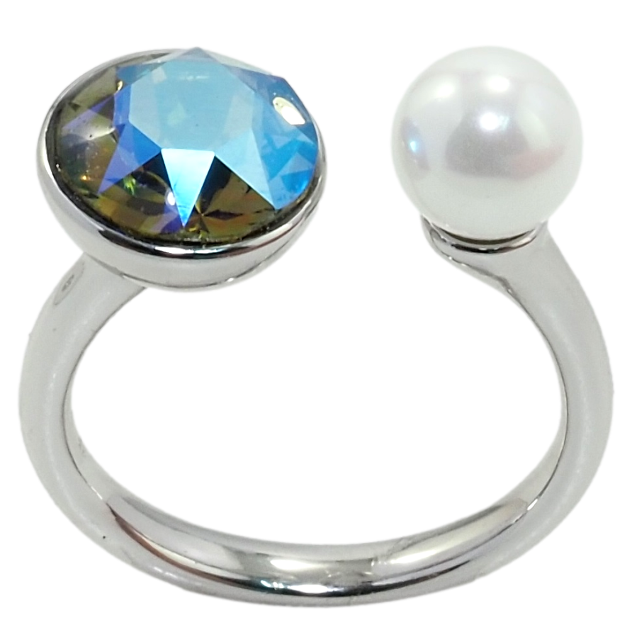 Кольцо Xuping цвет Родий с кр-ми Swarovski Кристалл Iridescent Green с жемчугом, ø 6мм и 9мм фото №1 Кольцо Xuping цвет Родий с кр-ми Swarovski Кристалл Iridescent Green с жемчугом, ø 6мм и 9мм фото №1