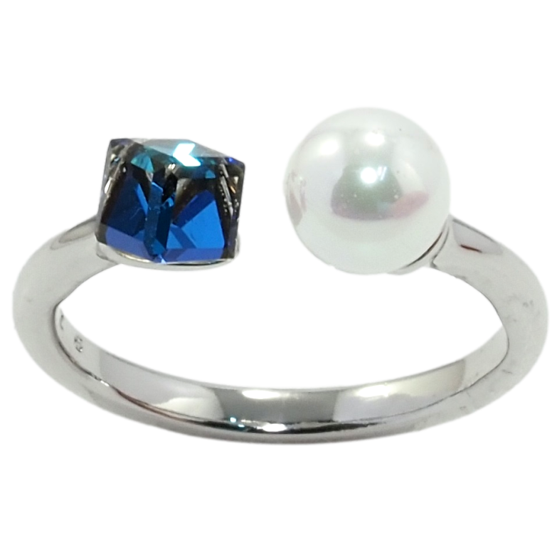 Каблучка Xuping колір Родій з кр-ми Swarovski Кристальний кубик Capri Blue з перлами, ø 6мм, 4х4мм фото №1 Каблучка Xuping колір Родій з кр-ми Swarovski Кристальний кубик Capri Blue з перлами, ø 6мм, 4х4мм фото №1