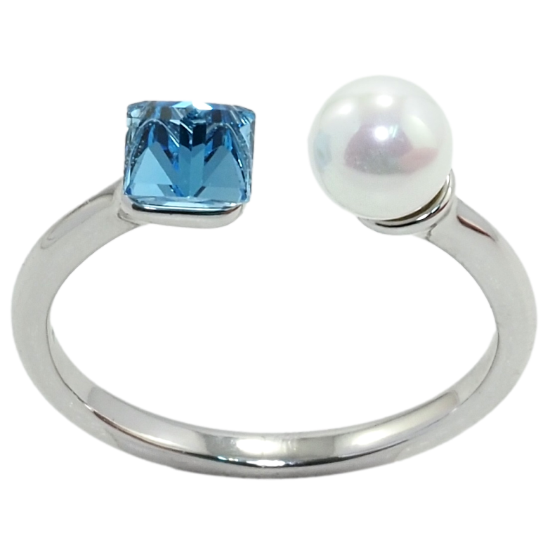 Каблучка Xuping колір Родій з кр-ми Swarovski Кристальний кубик Aquamarine з перлами, ø 6мм, 4х4мм фото №3 Каблучка Xuping колір Родій з кр-ми Swarovski Кристальний кубик Aquamarine з перлами, ø 6мм, 4х4мм фото №3
