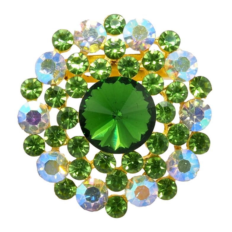 Брошь Цветок с зелеными и радужными стразами фото №2