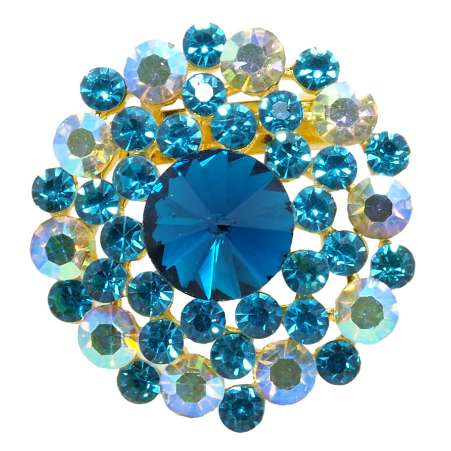 Брошь Цветок с бирюзовыми и радужными стразами фото №1 Брошь Цветок с бирюзовыми и радужными стразами фото №1