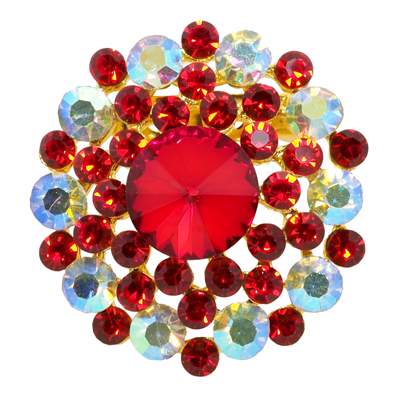 Брошка Квітка з червоними та райдужними стразами фото №1