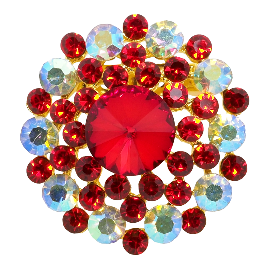 Брошь Цветок с красными и радужными стразами фото №1 Брошь Цветок с красными и радужными стразами фото №1