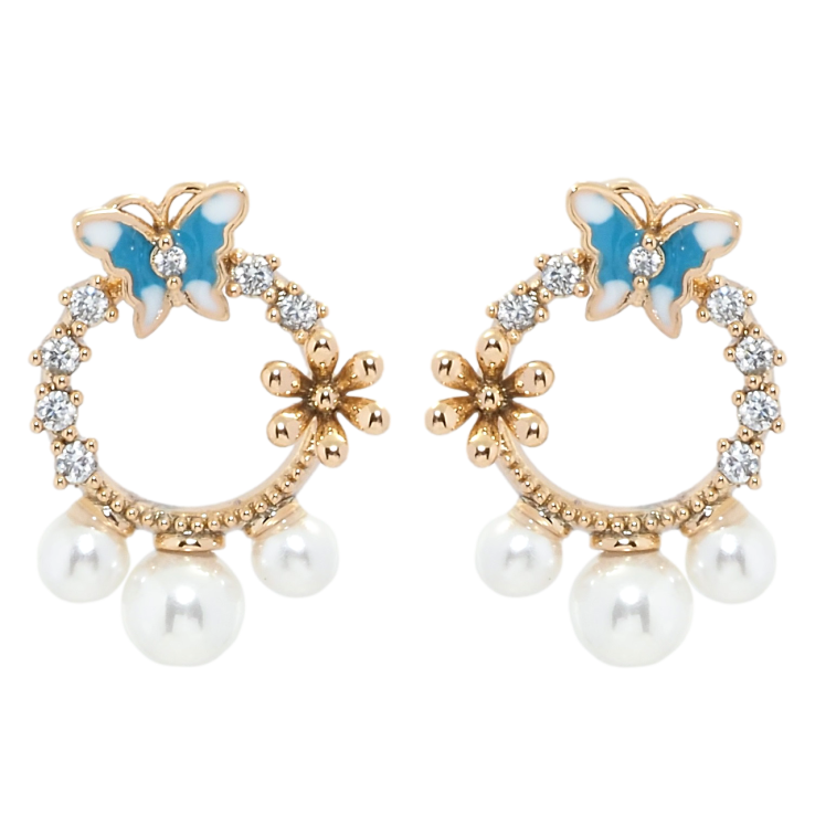 Серьги Xuping Позолота 18K пусеты Веночки с бабочками и жемчугом фото №4 Серьги Xuping Позолота 18K пусеты Веночки с бабочками и жемчугом фото №4