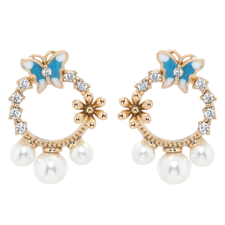 Сережки Xuping Позолота 18K пусети Віночки з метеликами та перлами фото №1 Сережки Xuping Позолота 18K пусети Віночки з метеликами та перлами фото №1