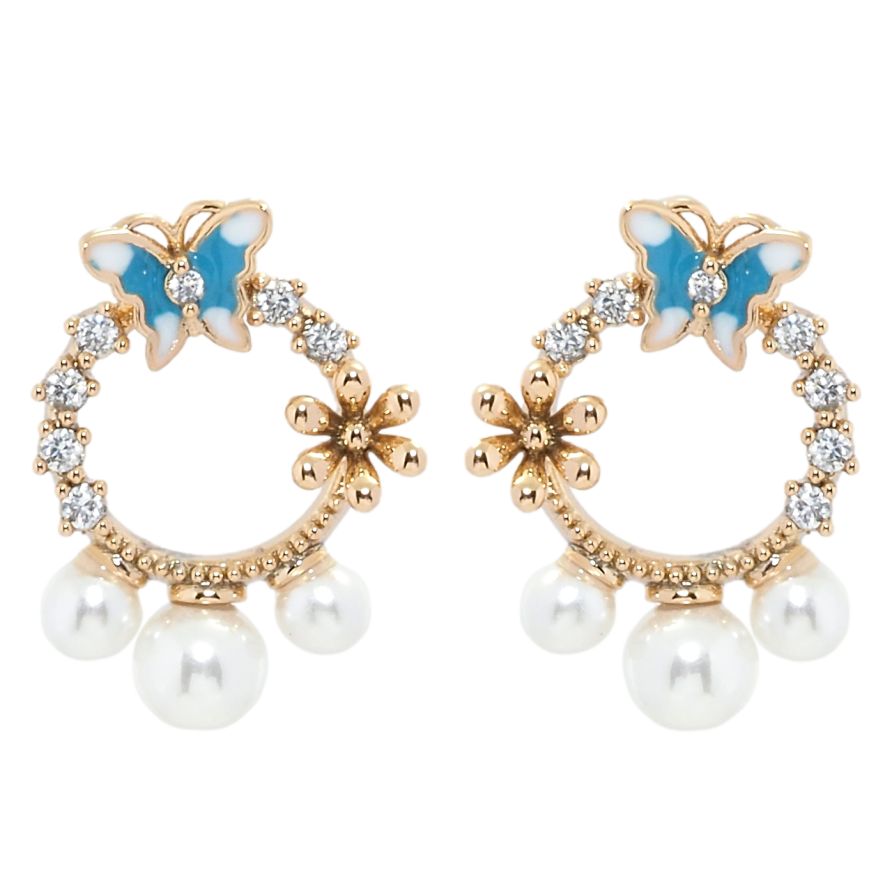 Серьги Xuping Позолота 18K пусеты Веночки с бабочками и жемчугом фото №1 Серьги Xuping Позолота 18K пусеты Веночки с бабочками и жемчугом фото №1