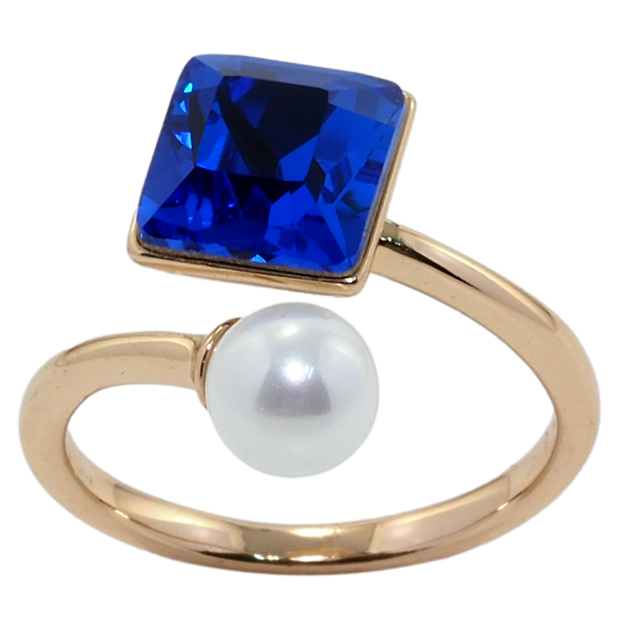 Кольцо Xuping колір 18K с кр-ми Swarovski Кристалл Capri Blue с жемчугом 8х8мм, ø 6мм фото №1 Кольцо Xuping колір 18K с кр-ми Swarovski Кристалл Capri Blue с жемчугом 8х8мм, ø 6мм фото №1