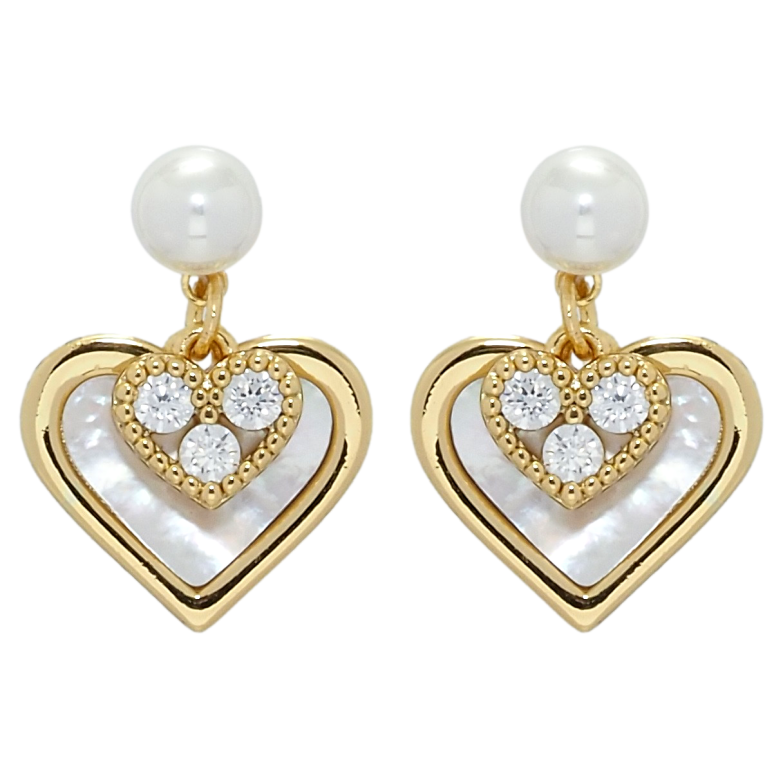 Серьги Xuping QQMM Позолота 14K пусеты Сердечки с перламутровыми вставками фото №1
