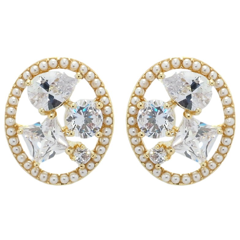 Серьги Xuping QQMM Позолота 14K пусеты Россыпь фианитов в жемчужном колечке фото №2