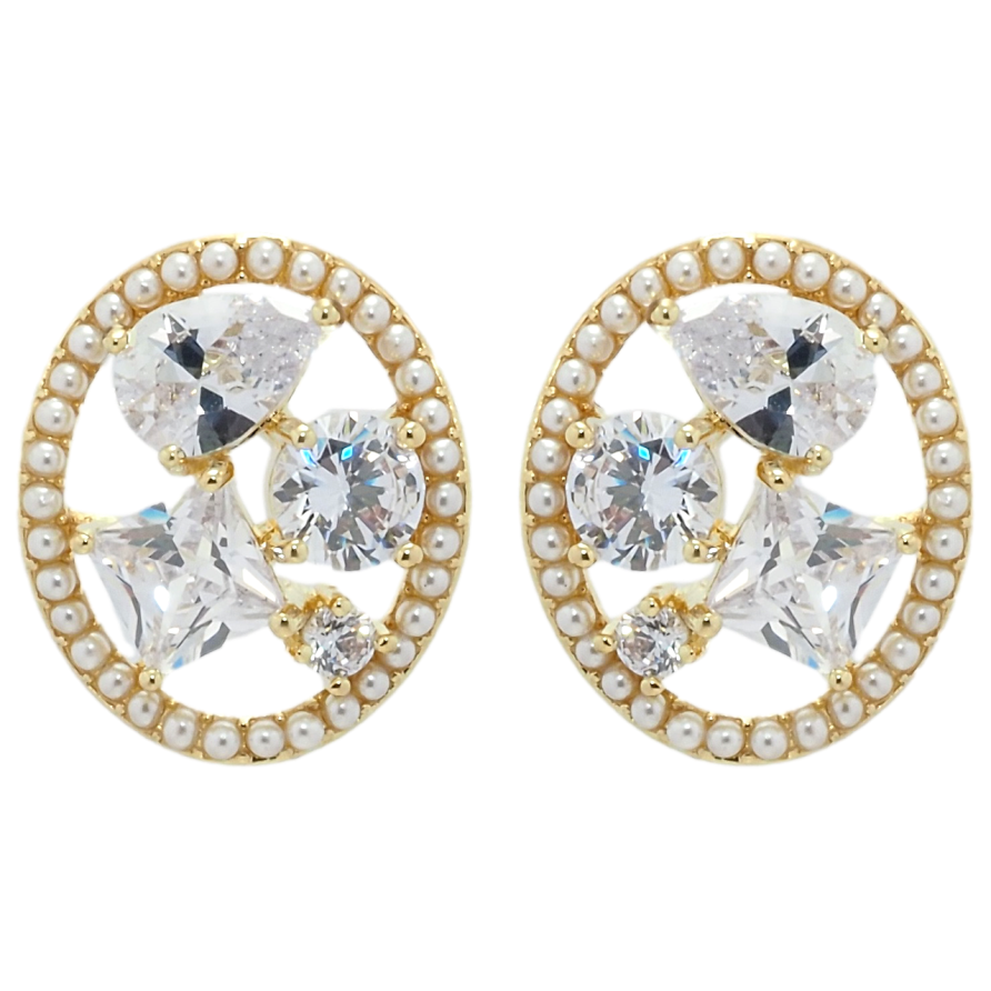 Серьги Xuping QQMM Позолота 14K пусеты Россыпь фианитов в жемчужном колечке фото №1