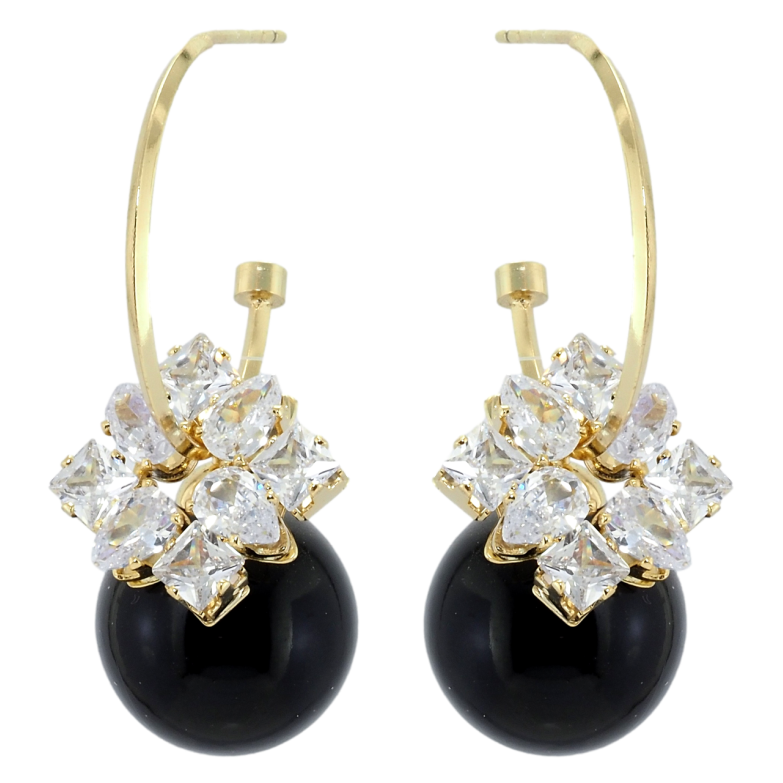 Серьги Xuping QQMM Позолота 14K пусеты Черные шарики с фианитами на полукольцах фото №1