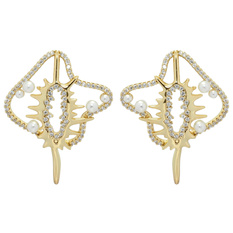 Сережки Xuping QQMM Позолота 14K пусети Фантазійний орнамент із цирконієм та перлинами фото №1 Сережки Xuping QQMM Позолота 14K пусети Фантазійний орнамент із цирконієм та перлинами фото №1